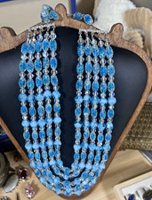 Blue Clear Czech Crystal Glass Multistrand Beaded Necklace.