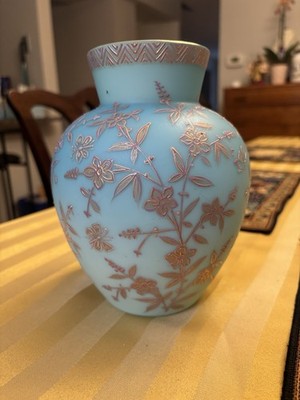 Thomas WEBB Blue Satin 7  Tall Art Glass Vase, Jules BARBE Enamel, c. 1880