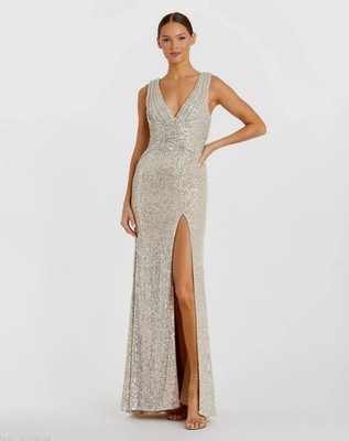 IEENA FOR MAC DUGGAL Nude V-Neck Sequin Wrap Waist Gown Size 22