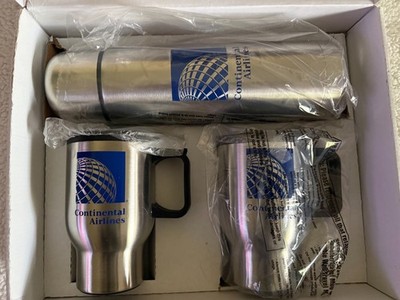 HIGHLY COLLECTIBLE CONTINENTAL AIRLINES THERMOS AND TWO MUGS