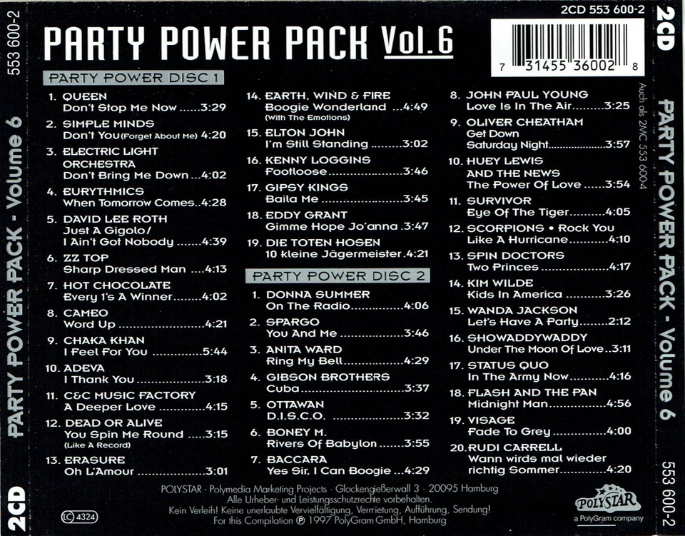 (2CDs) Party Power Pack Vol. 6 - Queen, Erasure, Ottawan, Visage, ZZ Top, u.v.a. - Bild 2 von 2