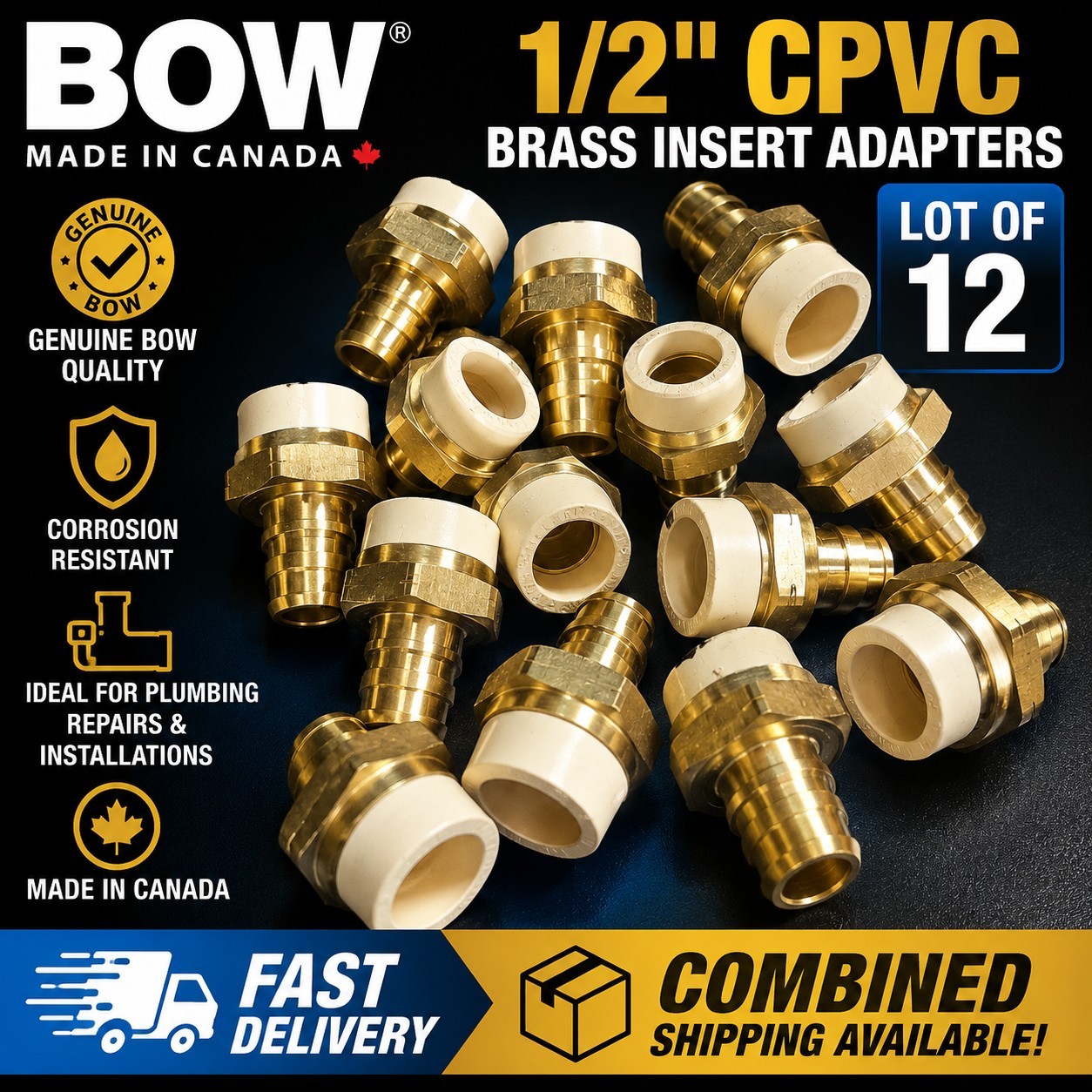 Lot of 12 Bow 1/2" CPVC Brass Insert Adapters New NOS Made in Canada Plumbing...