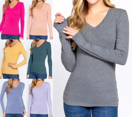 Women's V Neck Long Sleeve T Shirt Basic Stretch Top US Sizes S-XL Plus 1X 2X