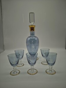 Vtg Etched Atomic Starburst Decanter & Cordial/Sherry Glasses Smokey Blue & Gold