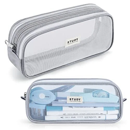 Grid Mesh Pen Pencil Case With Zipper Clear Makeup Pouch Cosmetics