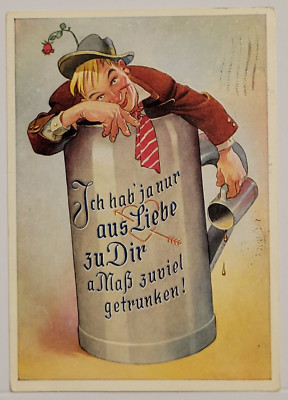 Too Much To Drink Out Of Love For You 1970's German Postcard 4x6 Beer Postcard