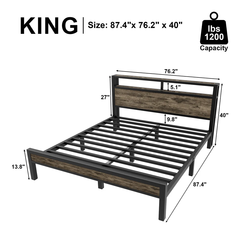 Metal Bed Frame Full/Queen/King with Storage Headboard and Charging Station/Grey - Image 4 of 4