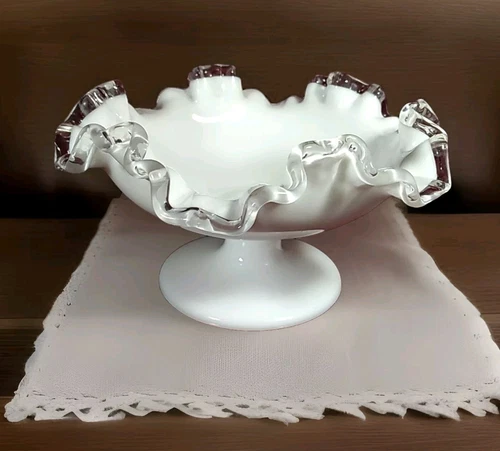 Vintage Fenton Silver Crest Milk Glass Ruffled Pedestal Compote Candy Dish