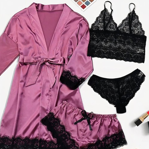 Sexy Women's Satin Silk Lace Pyjamas Lingerie Nightwear Outfit Kimono Nightgown