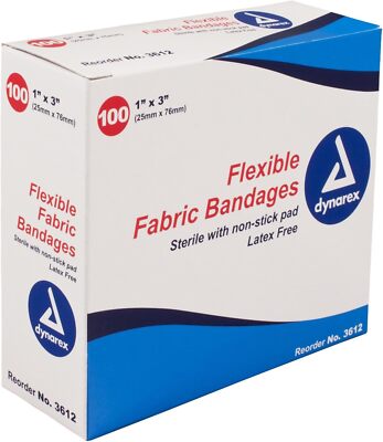 Dynarex Tan Fabric Adhesive Bandages Strips Band Aids Sterile 1 x 3'' 100 per Box