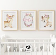 Baby Girl Woodland Nursery Prints, set of 3, Fox, bunny, Deer. Bedroom Decor