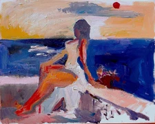 Seaside Figure Cubism Modern Oil On Canvas Painting 16x20 Original Signed