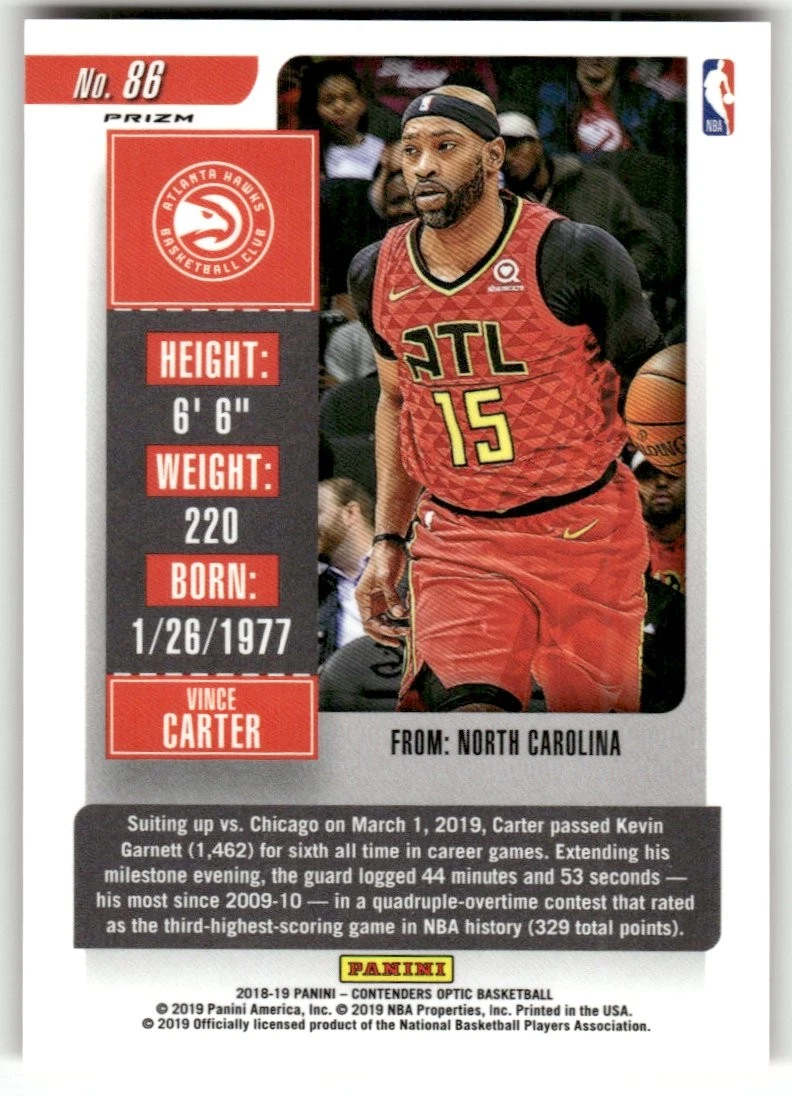 Vince Carter - 2018-19 Panini Contenders Optic Basketball - Atlanta Hawks #86