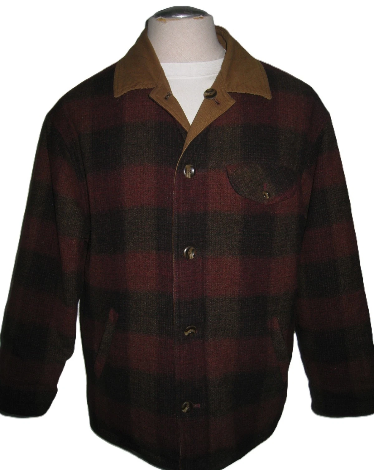 LANDS END REVERSIBLE CANVAS WOOL BLEND PLAID LITE BROWN HUNTING JACKET M UNISEX