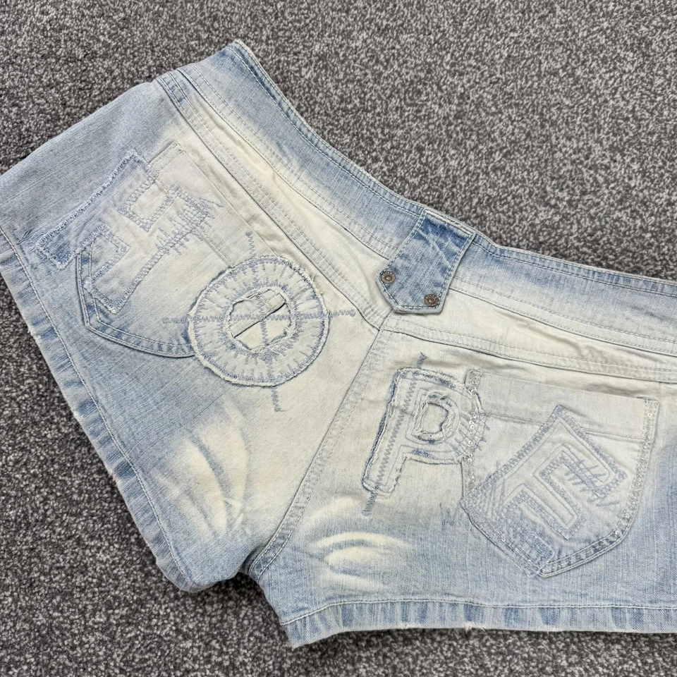 Y2K vintage low rise denim mini shorts faded hope slogan patchwork embroidered  - Image 2 of 4