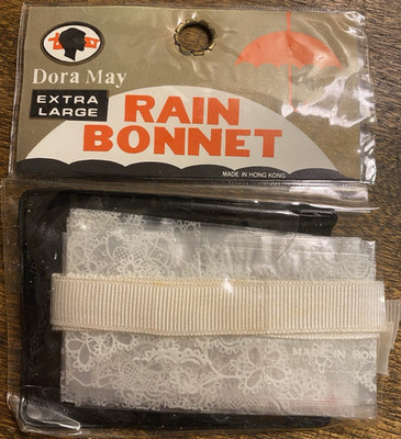 Dora May Extra Large Plastic Rain Bonnet White Floral Cloth Ties Vintage 1960s