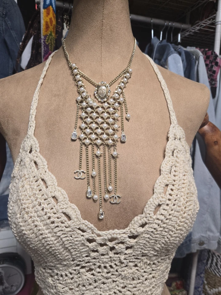 Gold Pearl Designer Necklace With Dripping Charms - Image 2 of 4