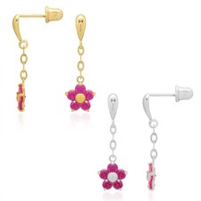 Real 14K Yellow Gold White Birthstone Flower Screw Back Earrings