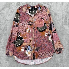 FDJ French Dressing Blouse Womens 6 Button Floral Chambray Metallic Career Boho