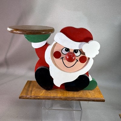 Vintage Handpainted Wooden Santa Plate Holder Table Riser Great Face Red Nose