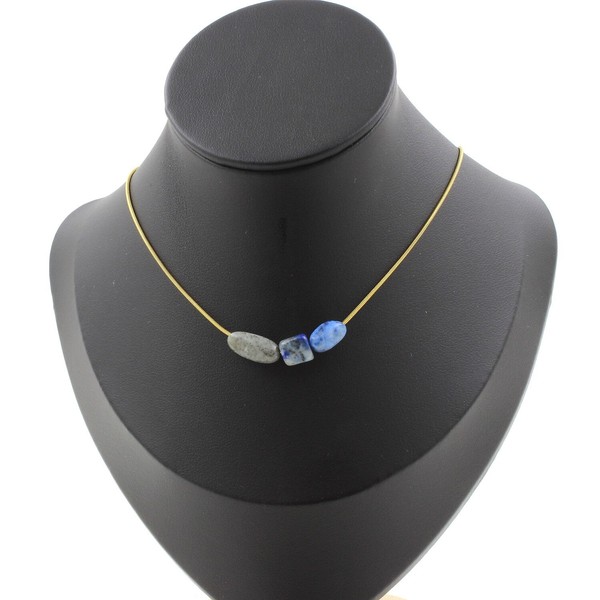 Halskette 3 Perlen Lapislazuli Du Pakistan. Kette Stahl Golden Halskette Damen-image