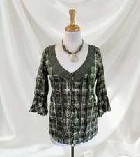 Plaid Paisley Green Button Up Blouse Western Cowgirl Y2K Boho Cottage Prairie L