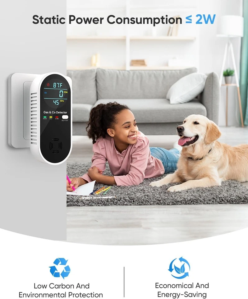 Detector de fugas de gas monóxido de carbono 4 en 1 alarma doble hogar autocaravana negro Foto 3 de 4