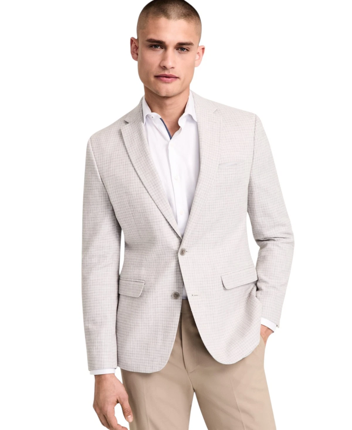 Bar Iii Mens Slim fit Sport Coat Blazer 44 L Light Grey Plaid Stretch Linen