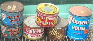 6 Diff. Coffee Tins w/ Orig. Lids: Butter-Nut, Alta, Hills Bros, 3 Maxwell House