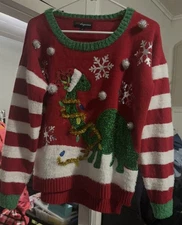 33 Degrees Womens L Christmas Sweater Red Dinosaur Stripes Novelty Holiday