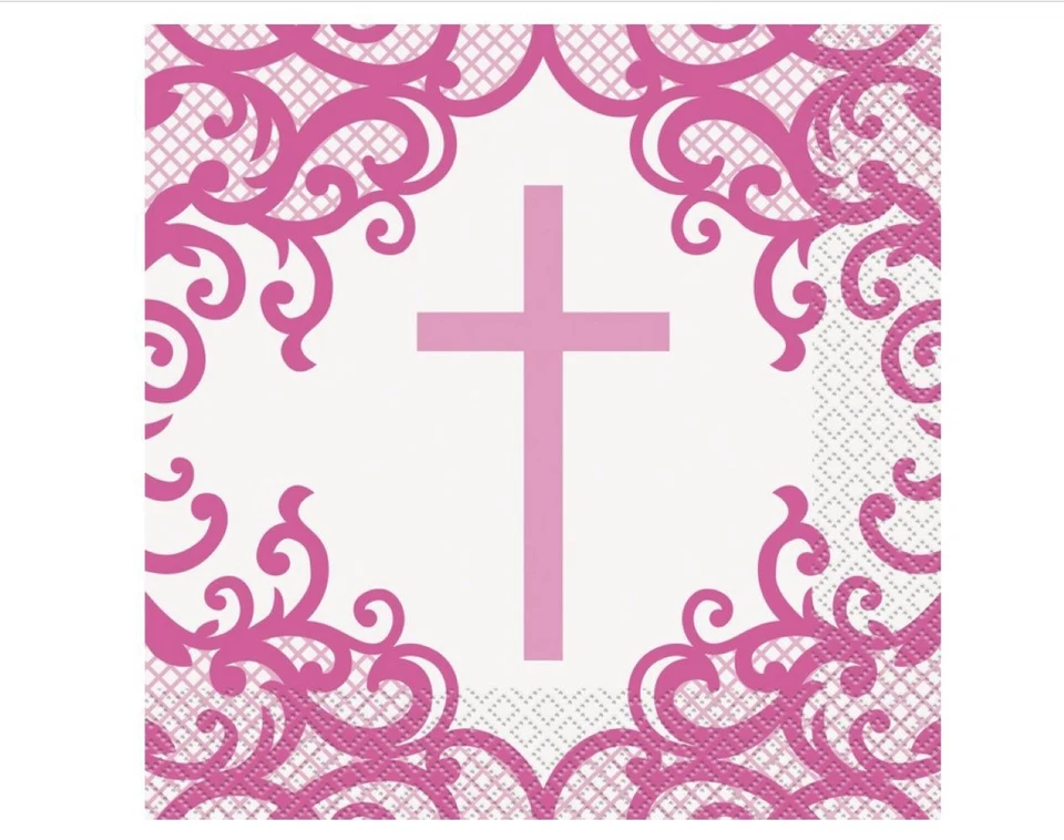 Fancy Pink Cross 16 Ct Lunch Napkins Baptism Christening - Image 1 of 1