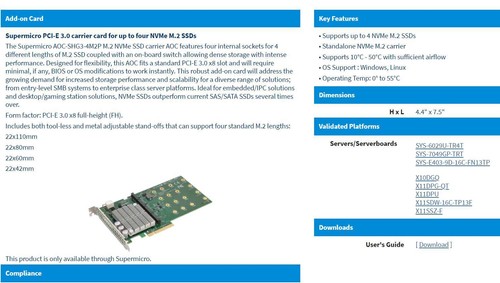 SuperMicro AOC-SHG3-4M2P PCI-E 3.0 carrier card for up to four NVMe M.2 SSDs - Afbeelding 1 van 2