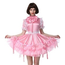 Sissy Maid Pink Satin Dress Cosplay Costume
