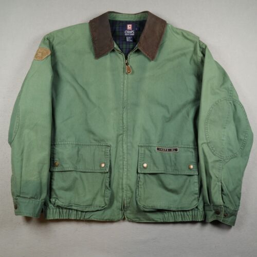 Chaps Ralph Lauren Green Bomber Jacket Men's Large Full Zip Leather Collar Patch - Picture 2 of 17