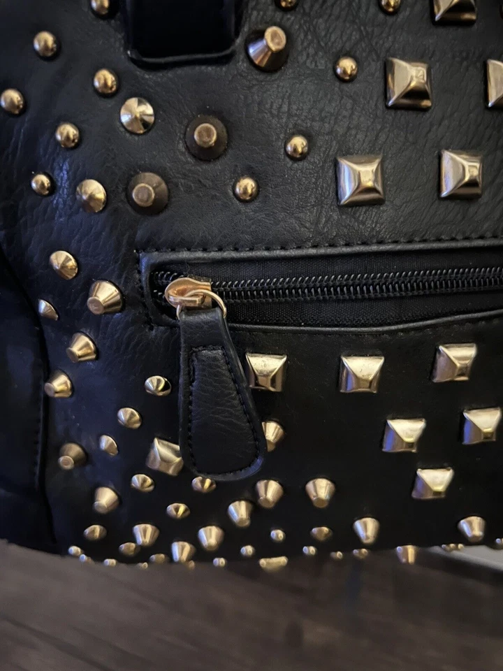 复古设计师 YOKI 大号金色镶嵌黑色人造皮革单肩包手提包 — 第 3/4 张图片