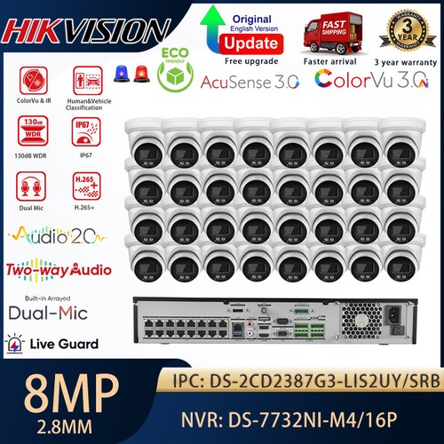 Hikvision 32CH NVR 8MP Alarm ColorVu3.0+IR Dual Light IP Camera CCTV System Lot