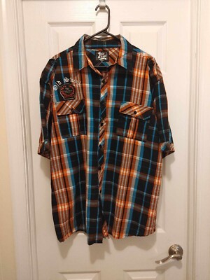 Old Skool Urban Wear Shirt Men Short Sleeve Button Up XL Multicolor Plaid Patch