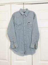 Vintage Wrangler Size 16.5x33 Pearl Snap Denim Shirt Light Wash Made in USA Mens