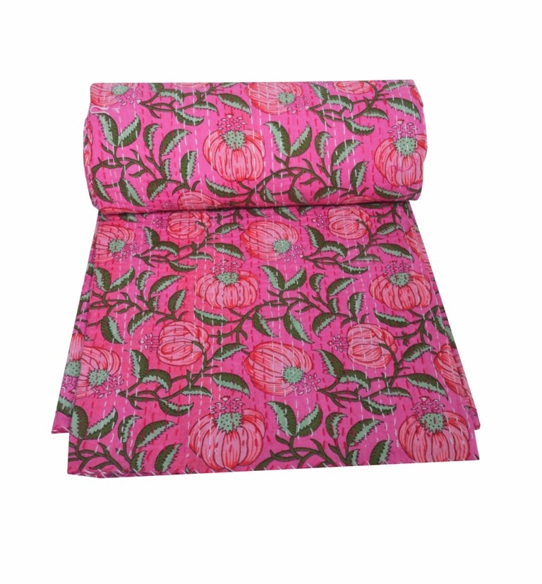 Indian Cotton Kantha Quilt Hand Block Floral Print Twin Bedspread Pink Blanket