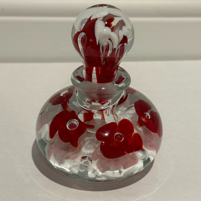 Vintage Joe St Clair Red White Floral Perfume Bottle Paperweight Art Blown Glass