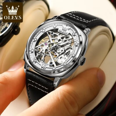 Automatic Mechanical Waterproof Men Watch OLEVS Skeleton Leather Strap Men's