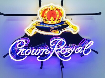 24''x20'' Crown Royal Logo Neon Sign Lamp Light Bar Real Glass Beer Man Cave LY