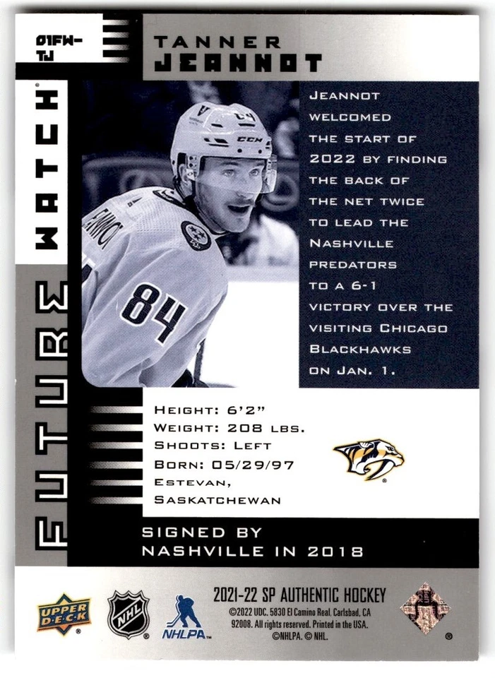 Tanner Jeannot 2021-22 SP Authentic '01 Retro Future Watch Rookie /900 #01FW-TJ - Image 2 of 2