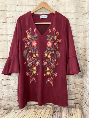 Lily Rain Dress Women Medium Maroon Red Boho Hippie Bell Sleeve Floral Embroided
