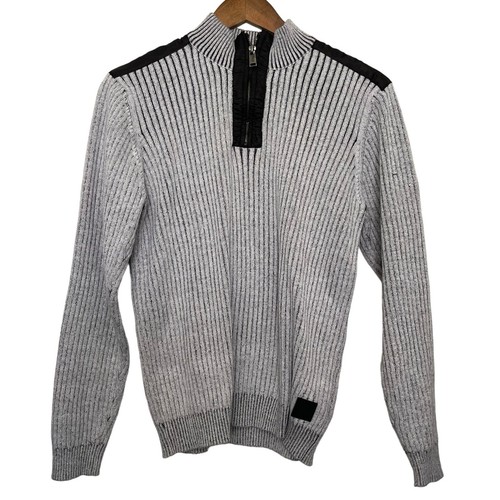 Guess Sweater Mens M Gray Black 1/4 Zip Pullover Ribbed Cotton Holiday Y2K