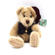 First  Main Minky Holiday Teddy Bear Chirismas Plaid Vest Santa Hat Collectable