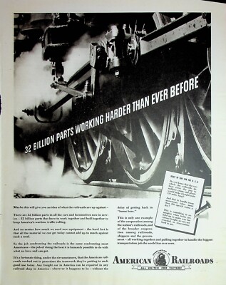 Original American Railroad Ad: 32 Billion parts working harder than ever before