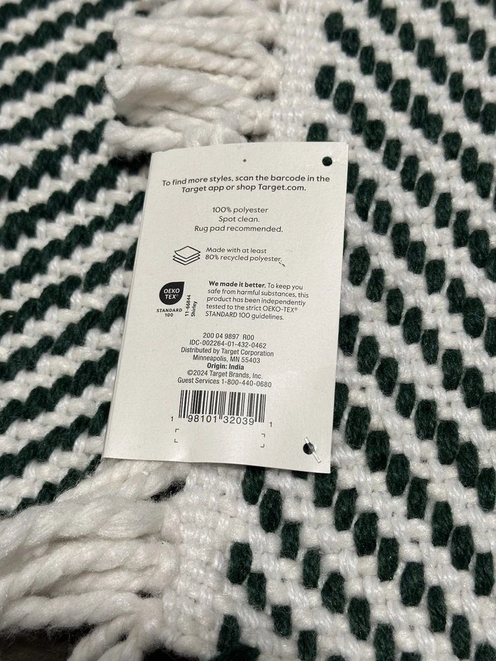 Threshold Kitchen Rug Green & White Striped with Fringes 20" X 34" - Image 3 of 3