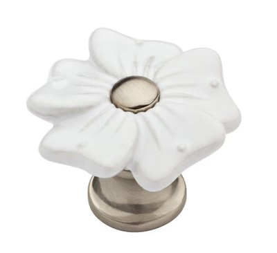 12 Brainerd 1-3/8'' Petite Floral Cabinet Drawer Knob Satin Nickel White Ceramic