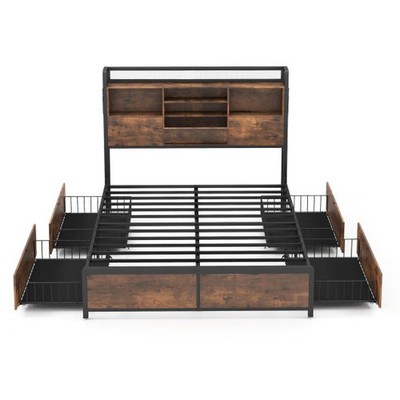 Full/Queen Size Bed Frame with Bookcase Headboard and 4 Storage Drawers-Full Siz